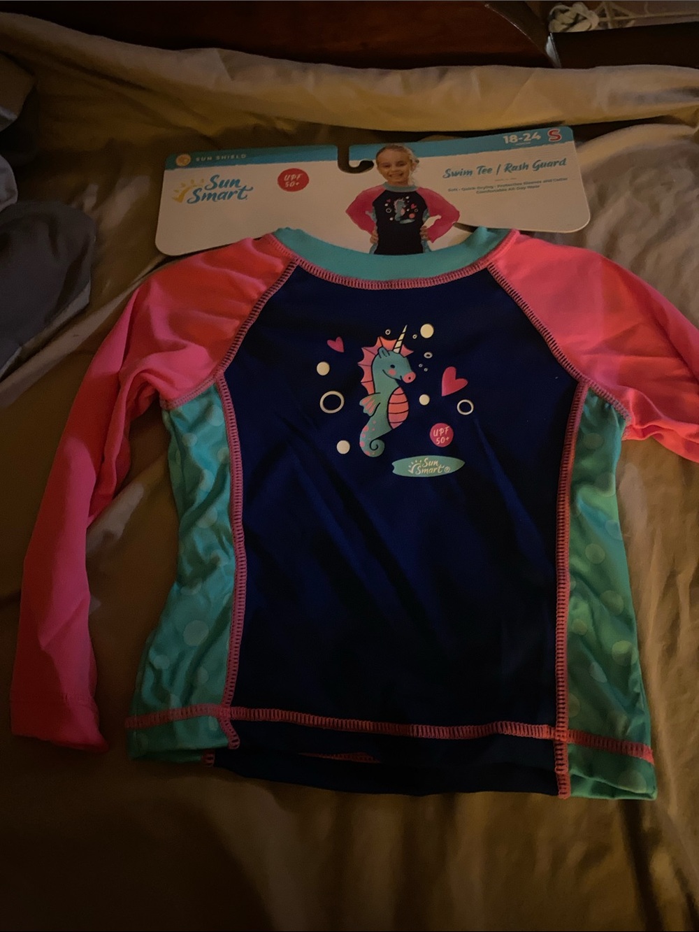 Girls' Navy, Pink & Aqua Seahorse Rashguard Swim Top -